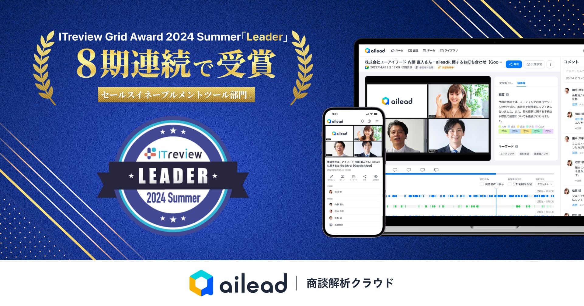 商談解析クラウド ailead 、 ITreview Grid Award 2024 Summerのセールスイネーブルメント・SFA部門にて「Leader」の受賞