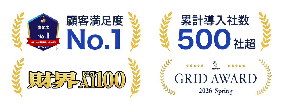 顧客満足度No.1(ITreview 2026 Spring)、累計導入社数500社超、財界BEST All100選出、ITreview Grid Award 2026 Spring受賞